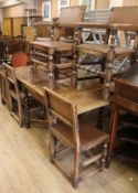 A 1920's oak draw-leaf table and six leather seat dining chairs, 152cm fully extended