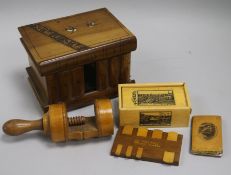 A Mauchlineware Lewes Castle needle case and mixed treen