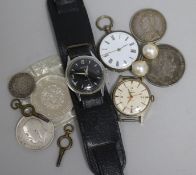 Two gentleman's wrist watches, a fob watch and mixed coins.