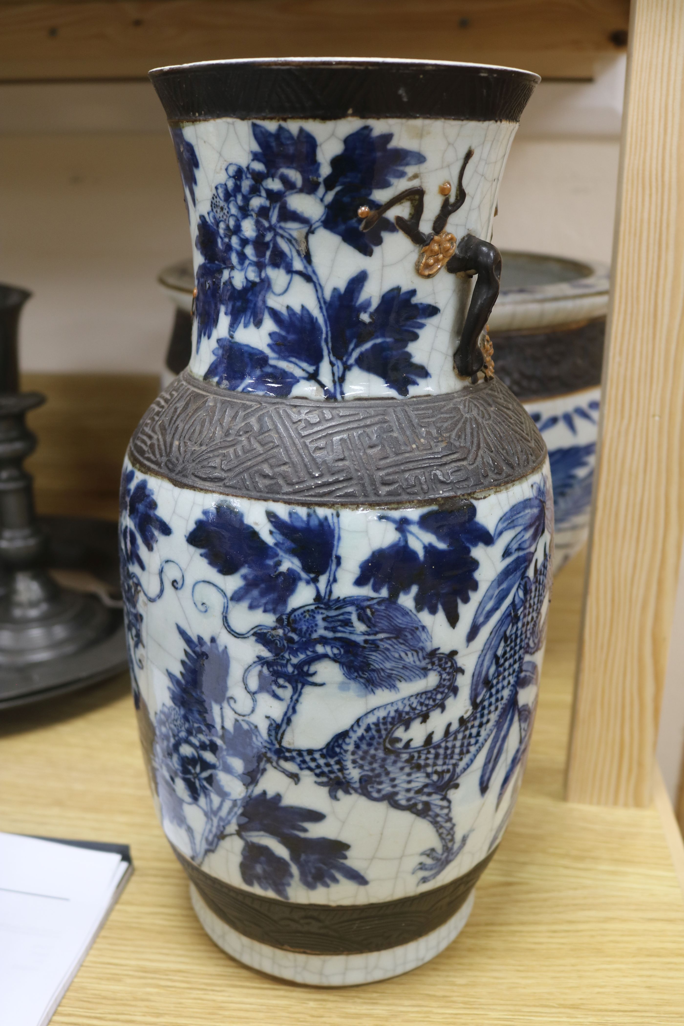 A Chinese blue and white crackleglaze jardiniere and two vases - Image 8 of 13