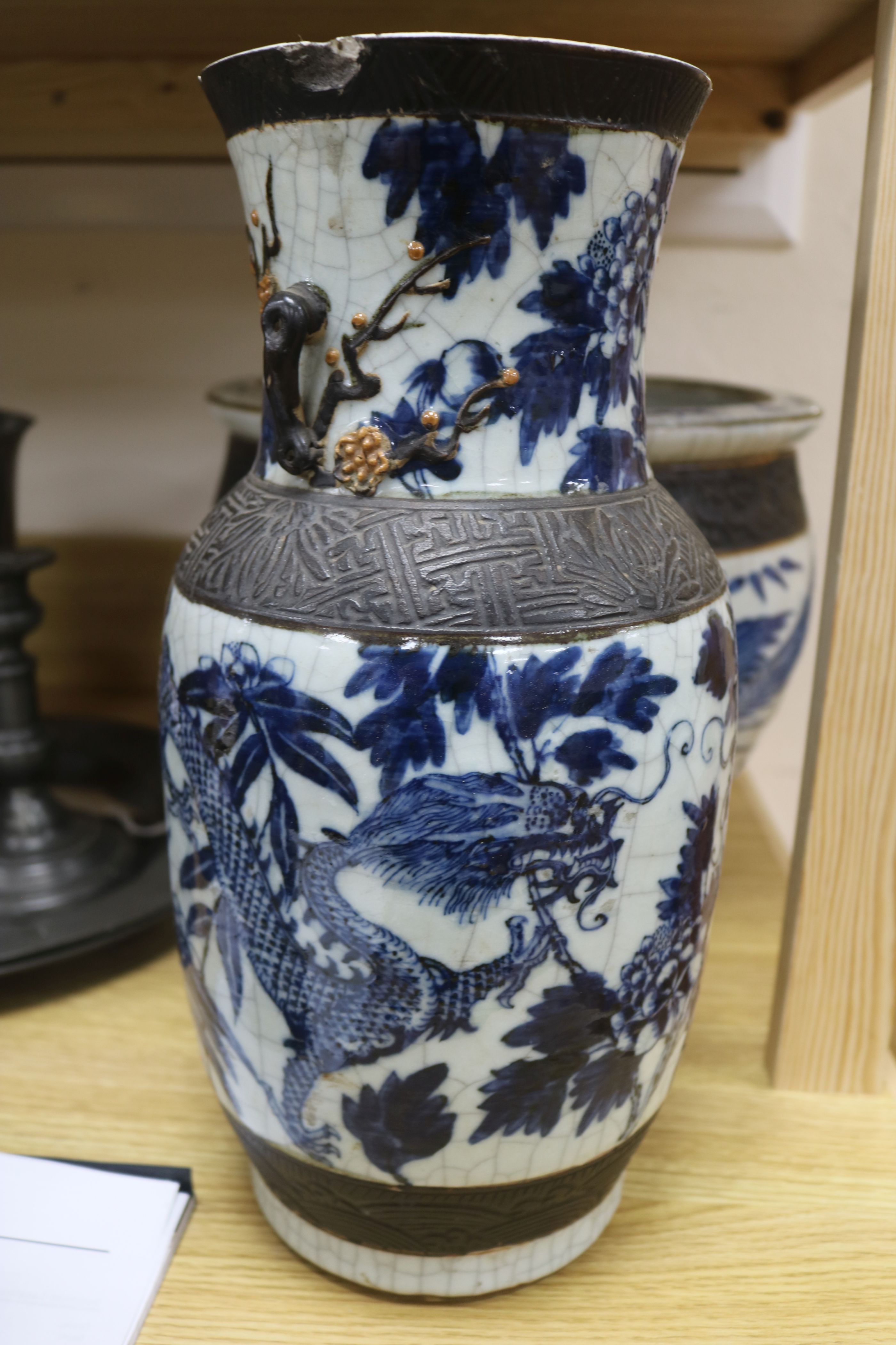 A Chinese blue and white crackleglaze jardiniere and two vases - Image 6 of 13