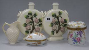 Two Limoges pots, Belleek and other ceramics, a Royal Doulton Figurine - Priscilla HN 1540 and a