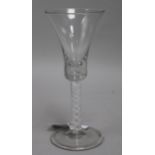 A tall wine glass with bell bowl, over a double series opaque twist stem, 8.5in.