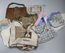 Two early Burberry scarves and Rochas Paris and various hankies and evening bags