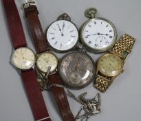 A gentleman's 9ct gold wrist watch, two other wrist watches and three pocket watches including two