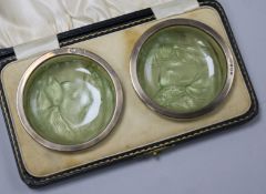 A cased pair of early 1930's silver mounted frosted green glass and caviar? dishes, Turner & Simpson