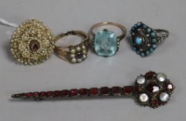 A 19th century yellow metal, pearl and amethyst ring, a seed pearl and ruby panel ring (made up) and