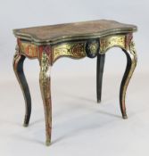 A 19th century French red boulle work serpentine card table, W.88cm