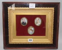 Two Regency oil miniatures on ivory of a lady and gentleman, framed together with a memorial lock of