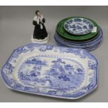 A quantity of blue and white ceramics, leaf plates and a Doulton figure "Mr W.S. Penley as Charley's