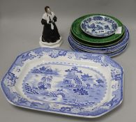 A quantity of blue and white ceramics, leaf plates and a Doulton figure "Mr W.S. Penley as Charley's