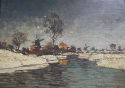 Heinz Mindermann (1872-1959)oil on wooden panelWinter landscape and a watercolour, landscape,