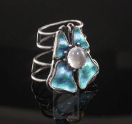 An early 20th century Art Nouveau silver, moonstone and enamel scarf clip, possibly retailed by