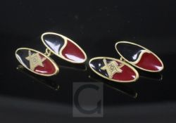 A pair of Edwardian 18ct gold and two colour enamel Masonic cufflinks, of torpedo shape, decorated