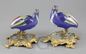 A pair of Chinese cloisonne enamel and gilt bronze 'quail' vessels and covers, 19th century, each