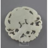 A Chinese white jade plaque, late 19th / early 20th century, carved and pierced with a bat