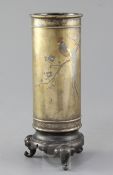 A Japanese bronzed and mixed metal cylindrical vase, Meiji period, decorated with a cockerel perched