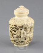 A Chinese ivory snuff bottle and stopper, 19th century, carved in high relief with figures on animal