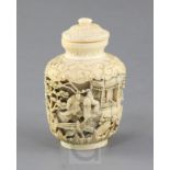 A Chinese ivory snuff bottle and stopper, 19th century, carved in high relief with figures on animal