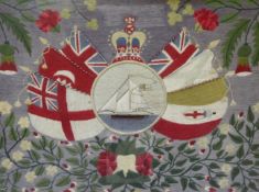 A Victorian sailor's woolwork picture, with central trophy of a yacht, crown and flags, within