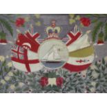 A Victorian sailor's woolwork picture, with central trophy of a yacht, crown and flags, within