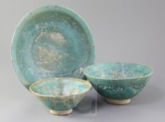Two Kashan turquoise glazed pottery bowls and a similar dish, 13th century, both bowls incised