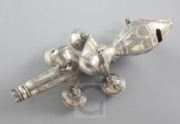 A George III silver child's rattle, with engraved decoration and eight bells, lacking teether, maker