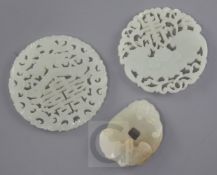Three Chinese pale celadon jade plaques, 19th / early 20th century, carved and pierced with bats and