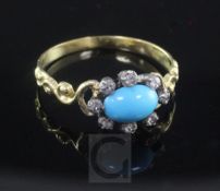 A 19th century gold, turquoise and diamond cluster ring, with pierced and carved shank, size L.