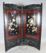 A Japanese shibayama style inlaid lacquer two fold screen, late 19th century, the panels decorated