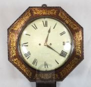 A Regency brass inset rosewood wall clock, with painted Roman dial indistinctly signed and twin