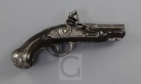 A French flintlock sidelock travelling pistol, fullstocked, steel mounts, no name, 6.75in.