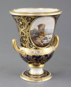 A Derby Campana shaped vase, c.1800, painted to each side with an oval landscape reserve of a bridge