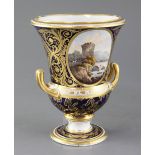 A Derby Campana shaped vase, c.1800, painted to each side with an oval landscape reserve of a bridge