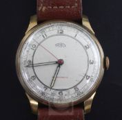 A gentleman's 9ct gold Trebex manual wind wrist watch, with Arabic dial, on later associated leather