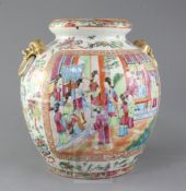 A Chinese Canton decorated famille rose jar, mid 19th century, painted with figures amid pavilions