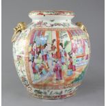 A Chinese Canton decorated famille rose jar, mid 19th century, painted with figures amid pavilions