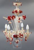 A Venetian clear and red glass four branch chandelier, c.1900, H.2ft 2in.