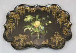 A Victorian serpentine papier mache tray, painted with flowers, 32 x 24in.