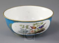 A Sevres style bleu celeste ornithological bowl, possibly a later decorated Sevres blank, diameter