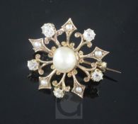 A late Victorian gold, split pearl and old mine cut diamond set pendant brooch, of shaped circular