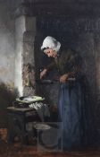 Scottish School (late 19th century)oil on wooden panelInterior with woman cooking beside a