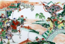A set of three Chinese famille verte plaques, late 19th century, each painted with battle scenes