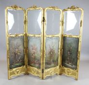 A Louis XV style giltwood and gesso four fold screen, with watered silk and glazed panels, Width