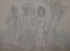 § Austin Osman Spare (1888-1956) Two robed figures, a satyric figure and a tree trunk