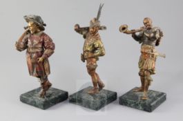 A set of three late 19th century Austrian cold painted bronze Renaissance figures, crossbow men