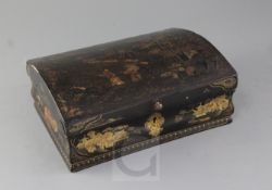 A Chinese export polychrome lacquer dome top casket, early 18th century, decorated with two figures,
