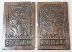 Two 16th century English oak panels, carved with gargoyles, one bearing 15, the other 45 and