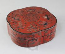 A Chinese polychrome lacquer box and cover, 19th century, incised and decorated with shou