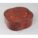 A Chinese polychrome lacquer box and cover, 19th century, incised and decorated with shou